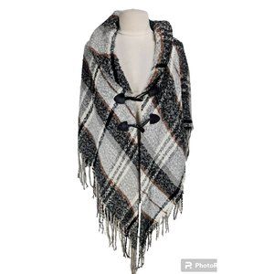 ACCESSORY Womens Size S Diagonal Plaid Poncho Sweater Toggle Closer  233P